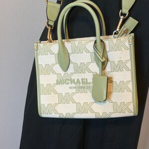 Michael Kors Mirella Small Jacquard Tote Crossbody Bag MK Graphic Logo Green